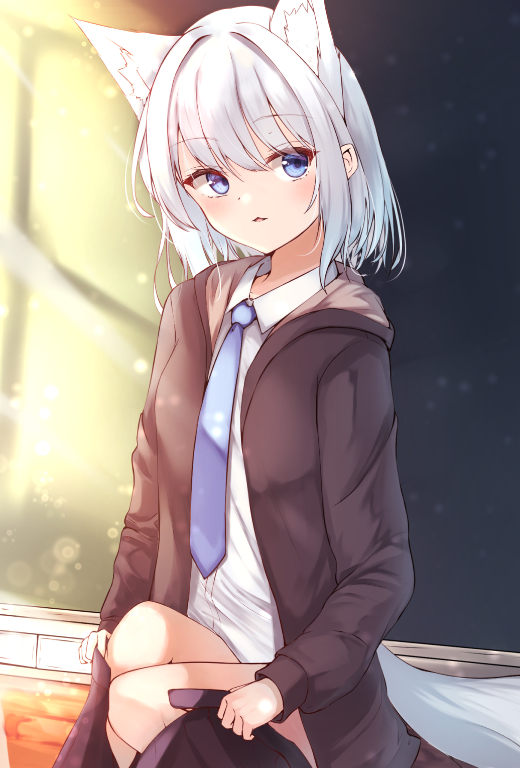 1girl, :3, :d, aki_tsune, animal_ear_fluff, animal_ears, black_hoodie, blue_eyes
