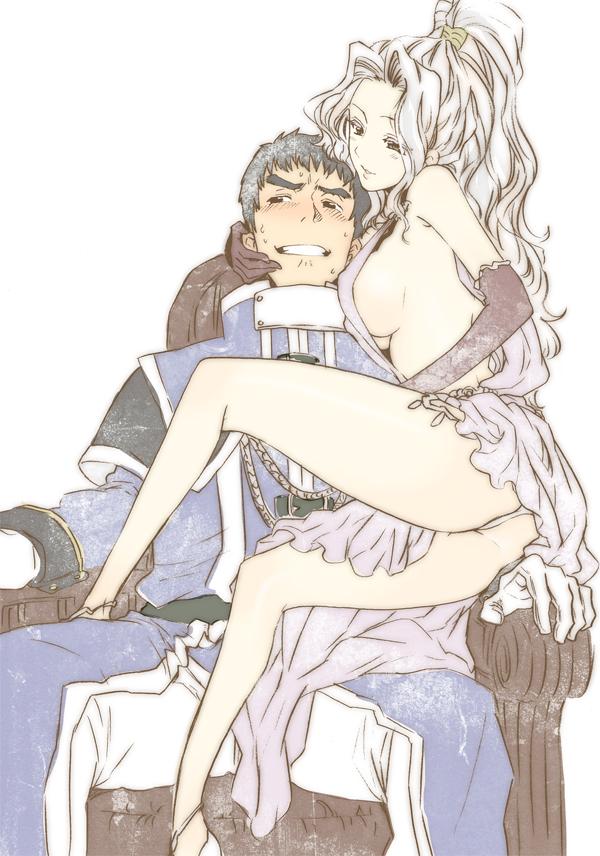 1boy, 1girl, blush, breasts, chair, dress, elbow_gloves, gensou_suikoden, gensou_suikoden_ii, gloves, high_ponytail, jeane_(gensou_suikoden), legs, long_hair, miklotov_(gensou_suikoden), ponytail, revealing_clothes, simple_background, sitting, smile, sweat, white_background