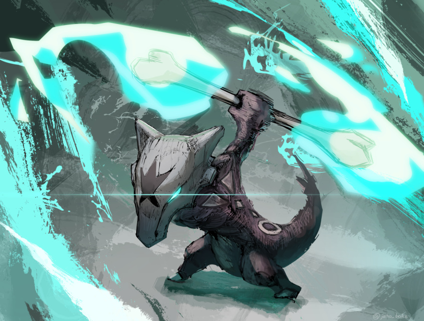 alolan_marowak, blurry, bone, commentary_request, eye_trail, full_body, glowing, glowing_eyes