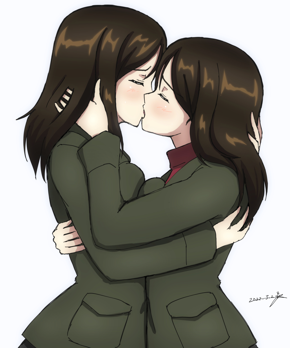 2girls, black_hair, blush, breasts, bukkuri, closed_eyes, dated, french_kiss