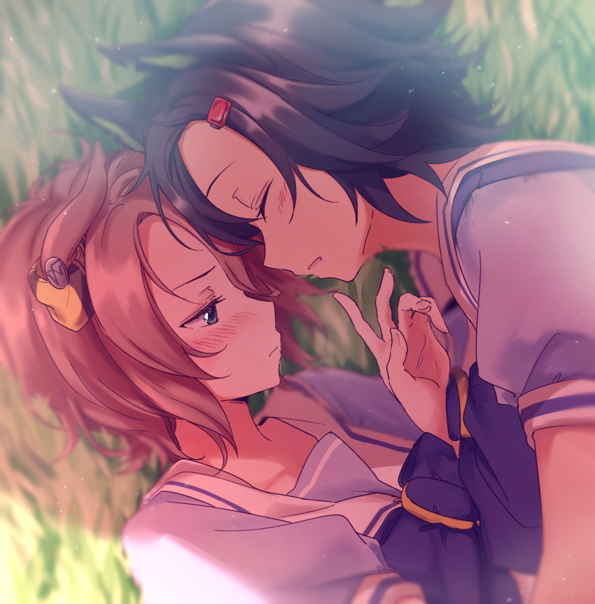 2girls, animal_ears, ayame_iro_(toumei_dolce), bangs, blue_eyes, blurry, blush, closed_eyes