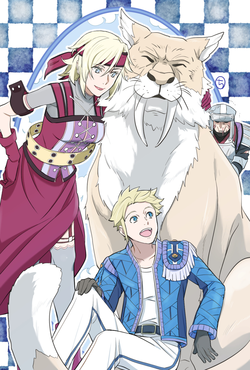 1girl, 2boys, animal, blonde_hair, blue_eyes, breasts, closed_mouth, gloves