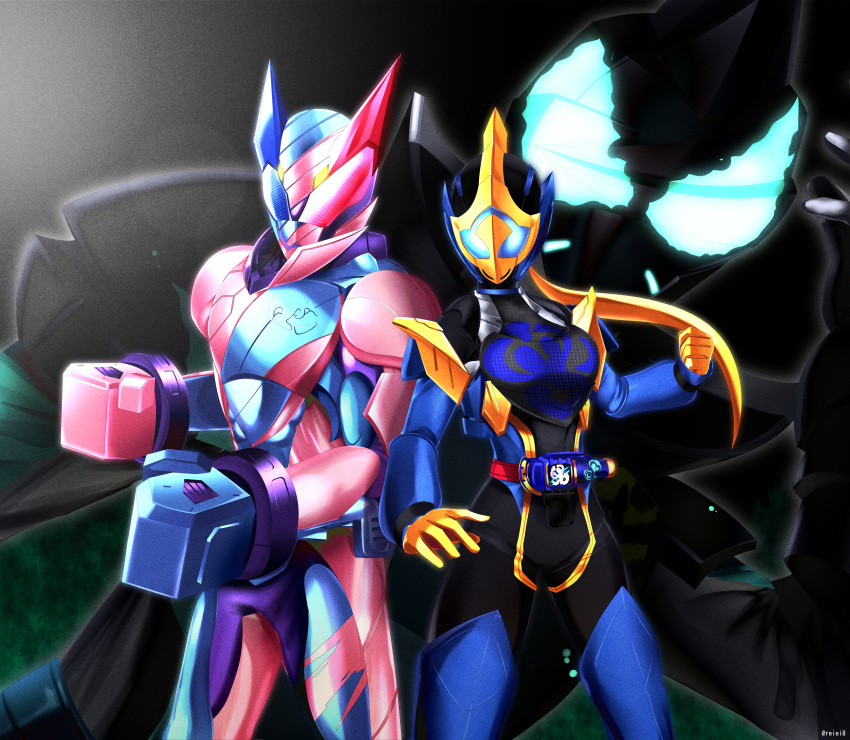 1girl, 2boys, absurdres, aqua_eyes, blue_armor, blue_eyes, blue_footwear, blue_gloves, bodysuit, boots, boxing_gloves, breasts, brother_and_sister, clenched_hand, cobra_(animal), cobra_genome, driver_(kamen_rider), gloves, glowing, glowing_eyes, heterochromia, highres, kamen_rider, kamen_rider_evil, kamen_rider_jeanne, kamen_rider_revi, kamen_rider_revice, kangaroo, kangaroo_genome, libera_driver, medium_breasts, multiple_boys, pink_armor, pink_gloves, ponytail, red_eyes, reiei_8, siblings, thigh-highs, thigh_boots, tokusatsu, yellow_gloves