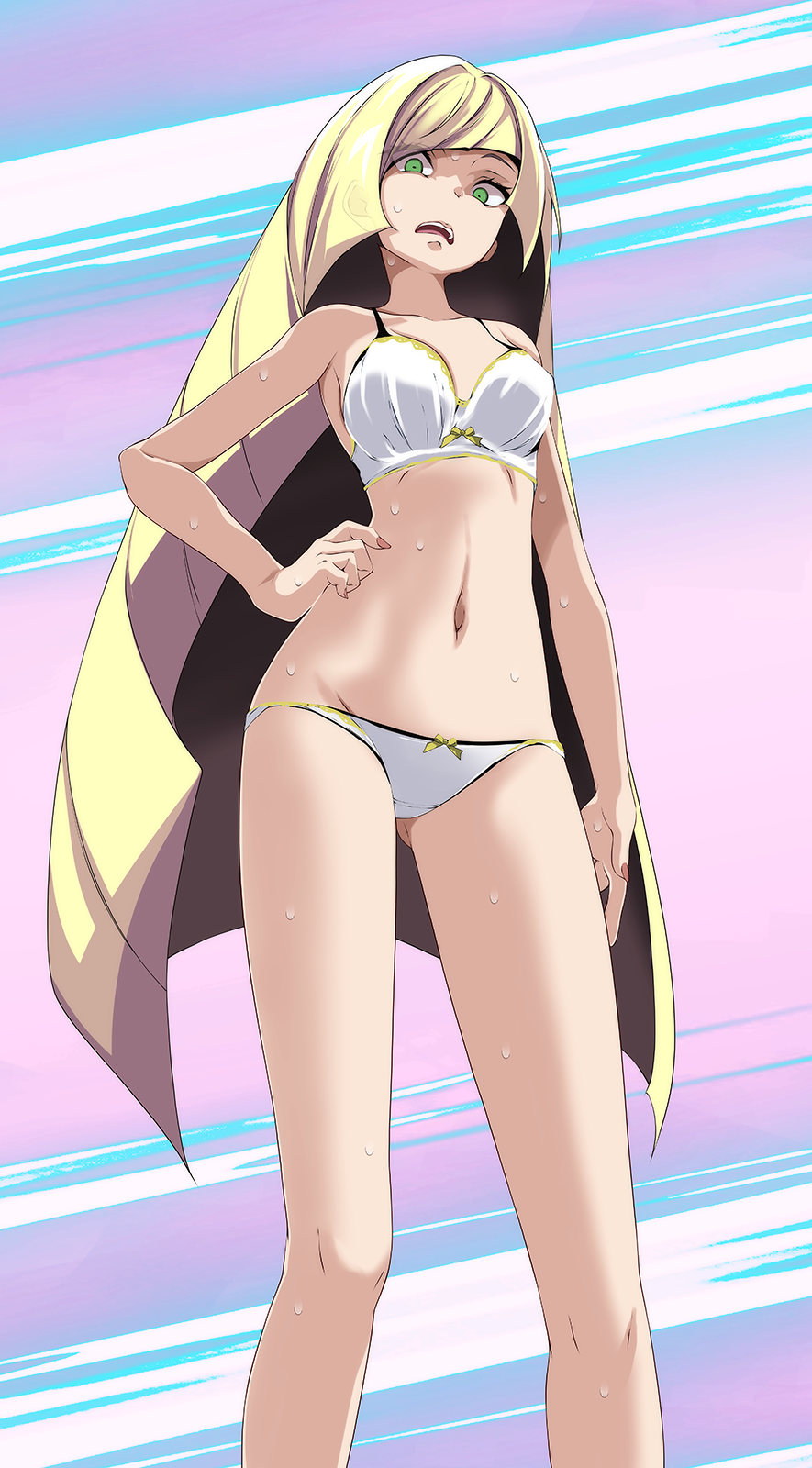 1girl, bangs, bare_arms, bare_legs, blonde_hair, bra, breasts, collarbone
