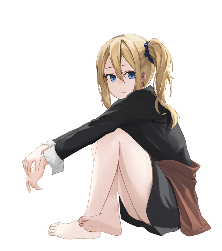 1girl, 26th, bangs, bare_legs, barefoot, blonde_hair, blue_dress, blue_eyes
