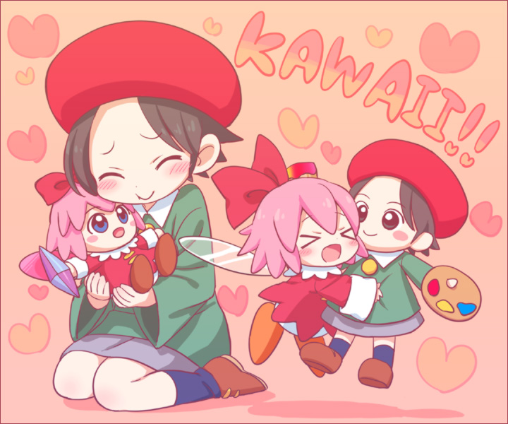 >_<, 2girls, :d, adeleine, beret, blue_eyes, blush_stickers, brown_hair