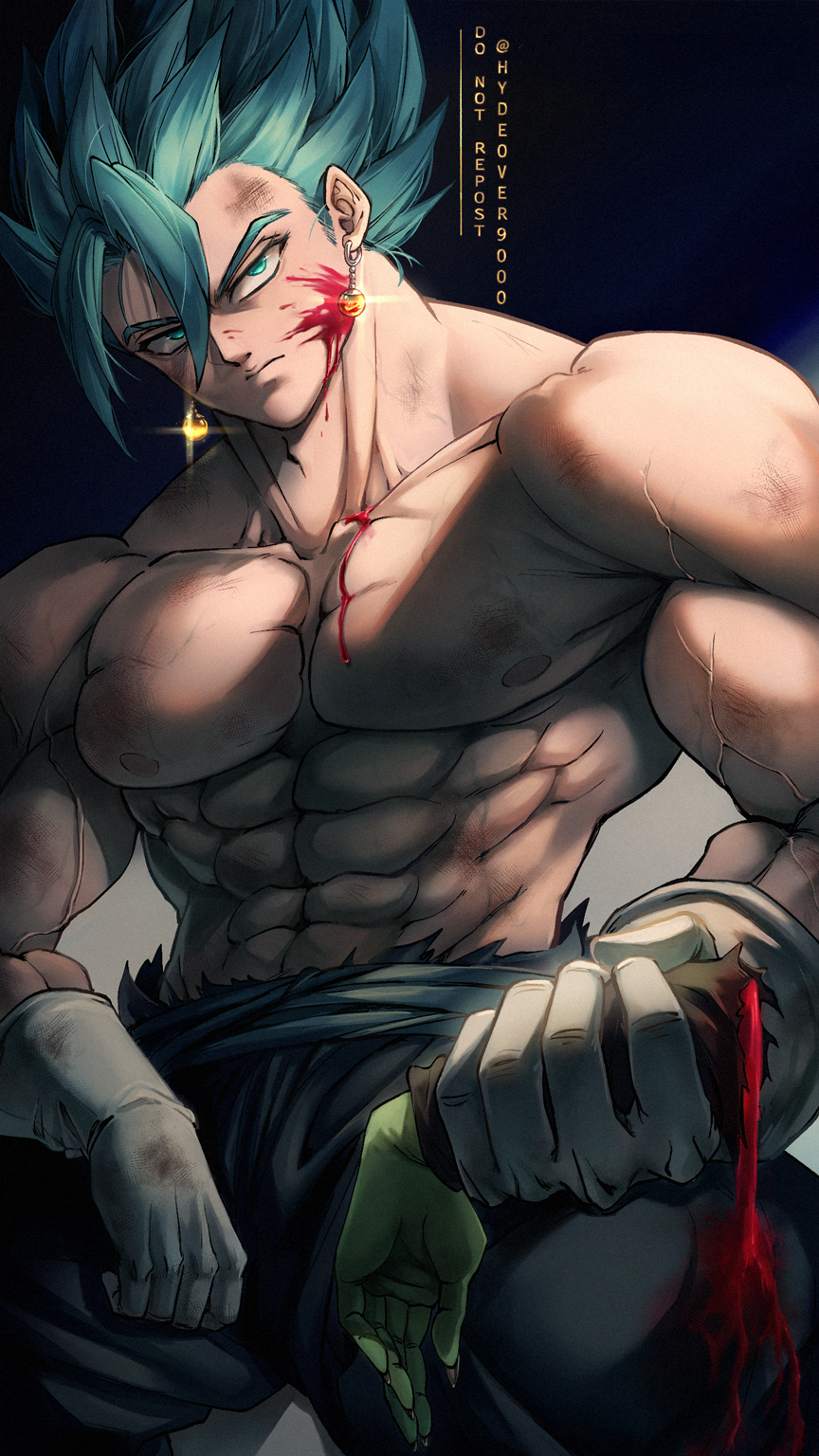 1boy, abs, blood, blood_on_face, blue_eyes, blue_hair, dragon_ball, dragon_ball_super