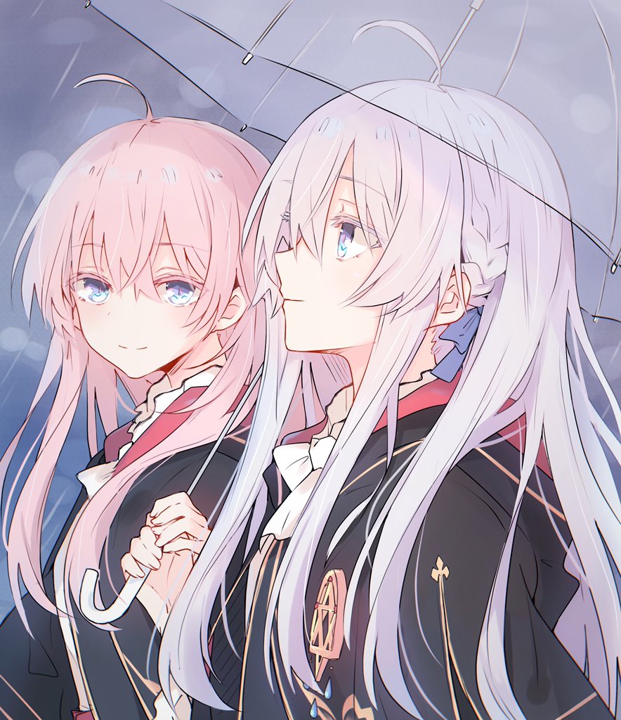 2girls, ahoge, bangs, black_robe, blue_eyes, braid, brooch, closed_mouth