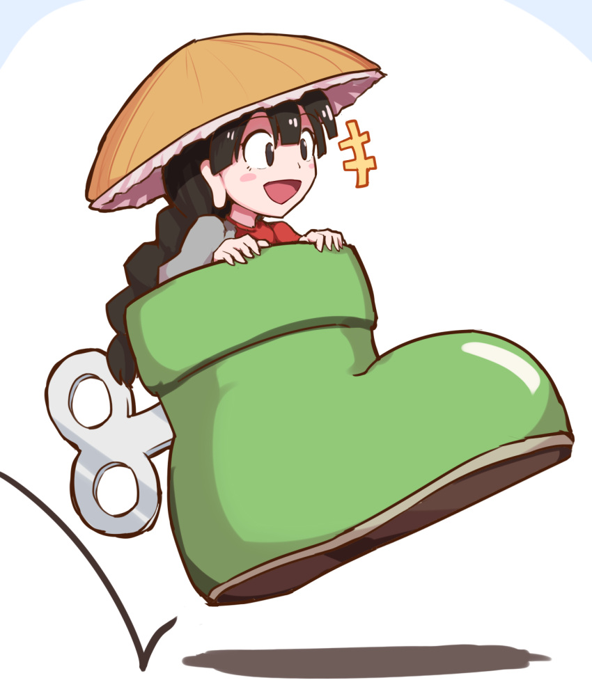 1girl, :d, ajirogasa, bangs, black_eyes, black_hair, blunt_bangs, braid