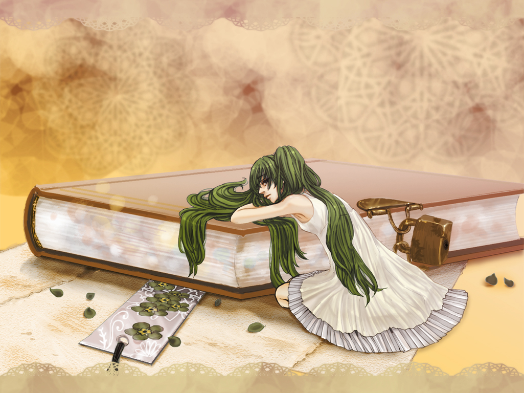 1girl, armpit, bare_shoulders, book, frilly_dress, green_hair, hatsune_miku, long_hair, sleeveless, twintails, vocaloid