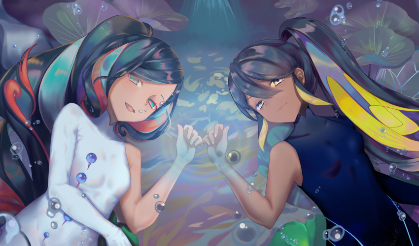 2girls, asymmetrical_sleeves, black_hair, breasts, bubble, dark-skinned_female, dark_skin, fate/grand_order