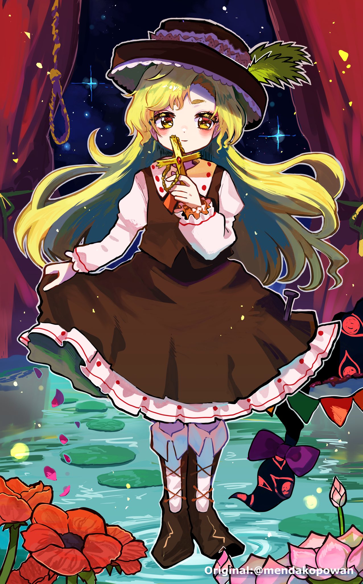 1girl, black_dress, blonde_hair, boots, closed_mouth, cross, cross-laced_footwear, curtains