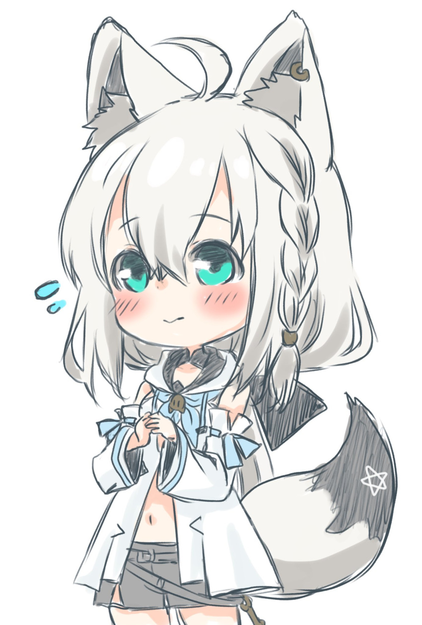1girl, ahoge, animal_ear_fluff, animal_ears, bangs, black_bow, black_shorts, blue_neckerchief