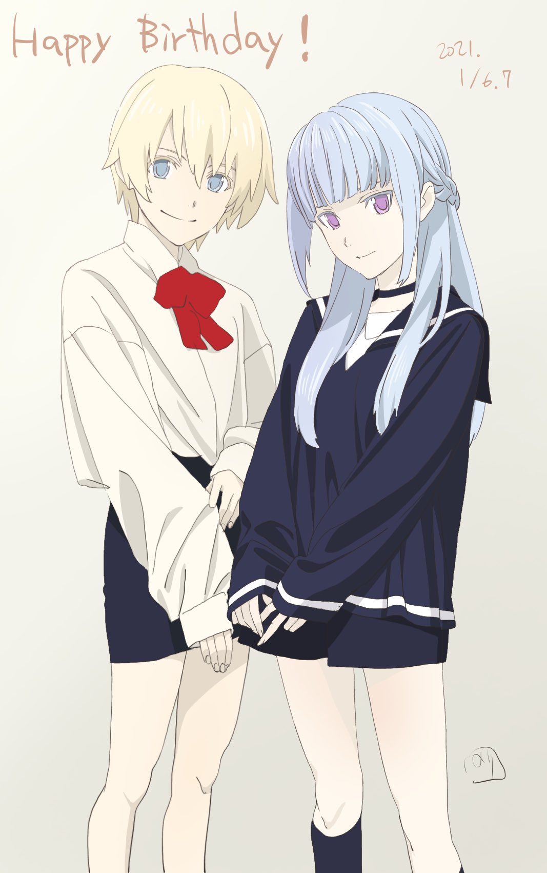 1boy, 1girl, androgynous, array_danon_ci, blonde_hair, blue_eyes, blue_hair, braid