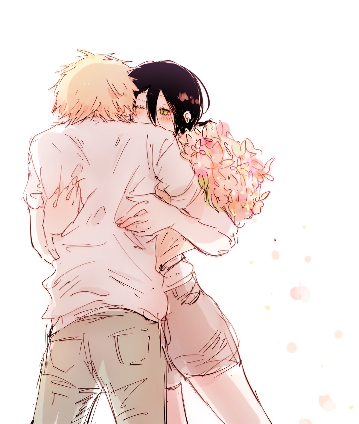 1boy, 1girl, bangs, black_hair, blonde_hair, bouquet, chainsaw_man, denji_(chainsaw_man)