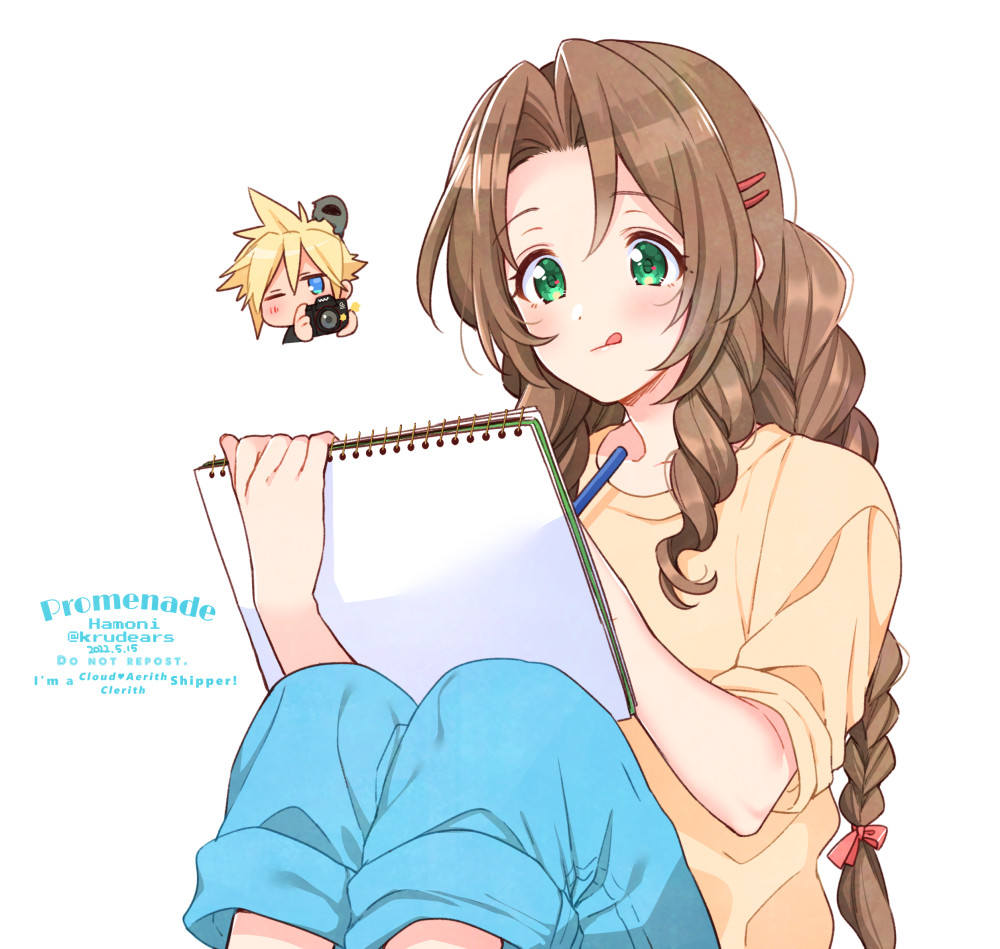 1girl, aerith_gainsborough, bangs, blonde_hair, blue_eyes, blue_pants, blush, braid, camera, chibi, cloud_strife, curly_hair, drawing, final_fantasy, final_fantasy_vii, final_fantasy_vii_remake, green_eyes, hair_between_eyes, hair_ornament, hairpin, holding, holding_camera, holding_sketchbook, krudears, long_hair, long_sleeves, one_eye_closed, pants, parted_bangs, shirt, sidelocks, sketchbook, sleeves_rolled_up, spiky_hair, tongue, tongue_out, upper_body, white_background, yellow_shirt