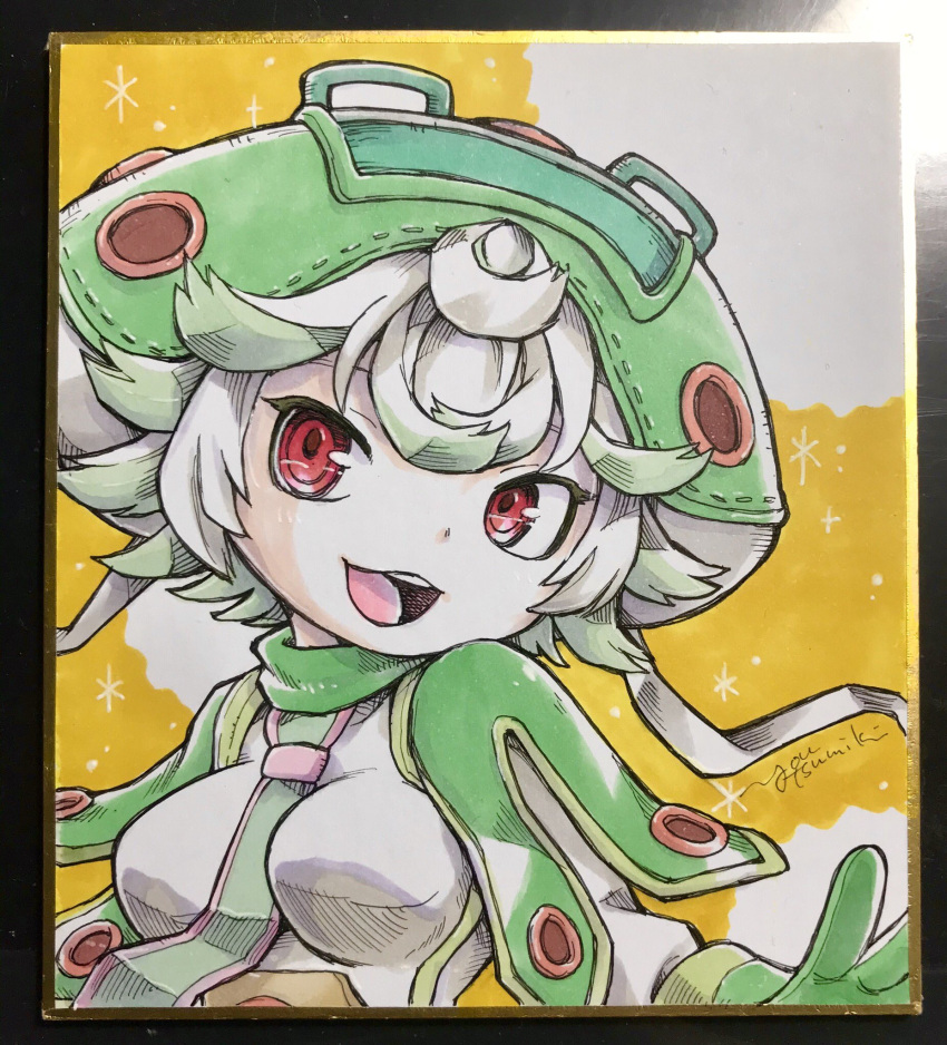 1girl, :d, artist_name, breasts, child, curly_hair, gloves, green_gloves