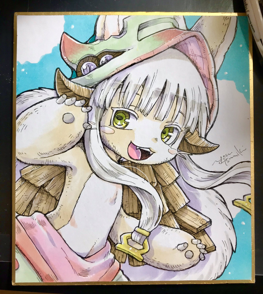 1other, :3, animal_ears, aqua_background, artist_name, brown_fur, cowboy_shot, fake_horns
