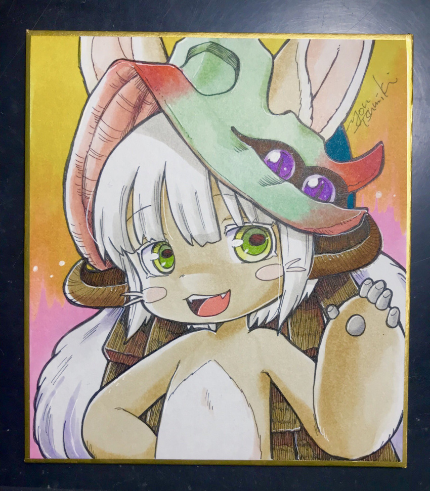 1other, :3, animal_ears, brown_fur, eyebrows_visible_through_hair, fake_horns, fangs, furry