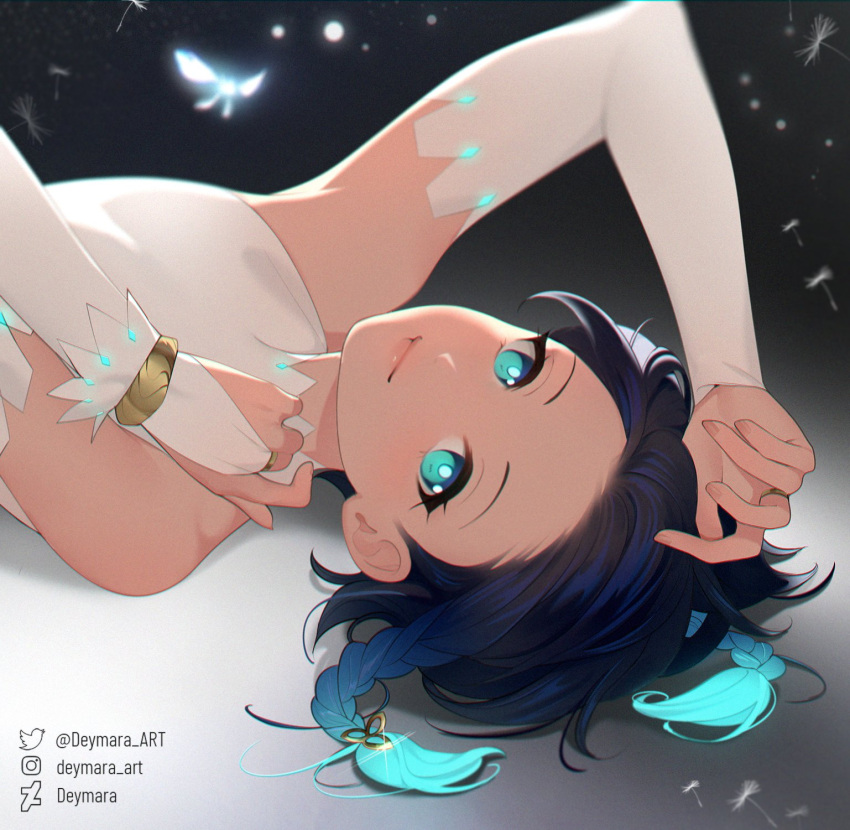 1boy, androgynous, bangs, black_hair, blue_eyes, blue_hair, braid, bridal_gauntlets