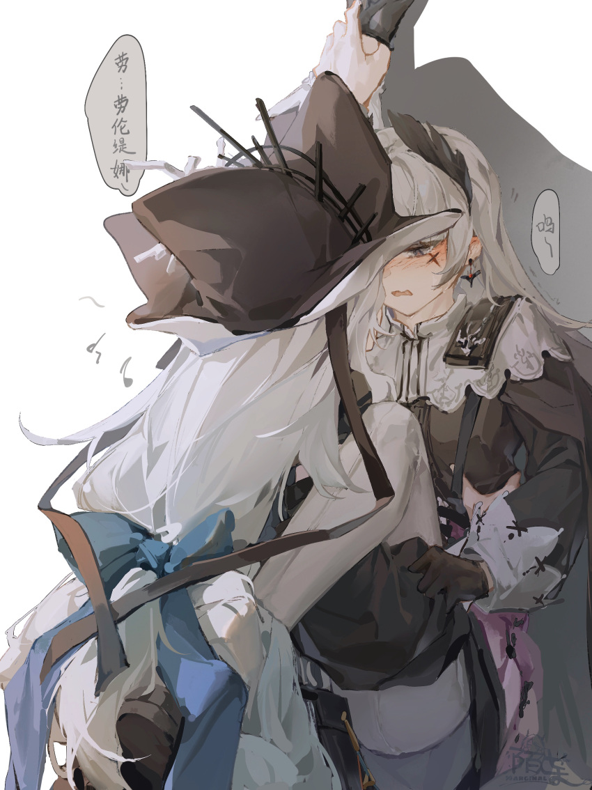 2girls, absurdres, against_wall, arknights, arm_up, artist_logo, black_dress, black_gloves