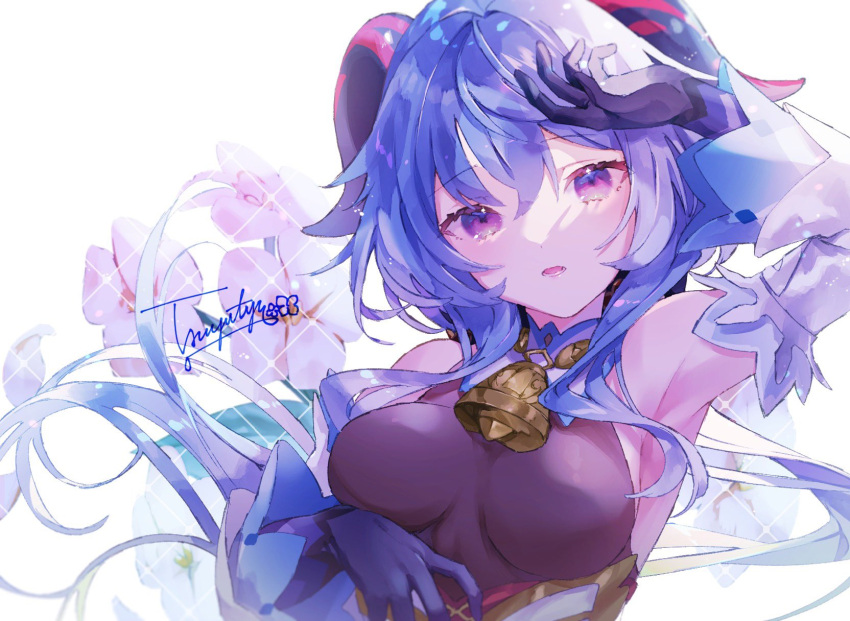 1girl, ahoge, bangs, bare_shoulders, bell, black_gloves, blue_hair, breasts