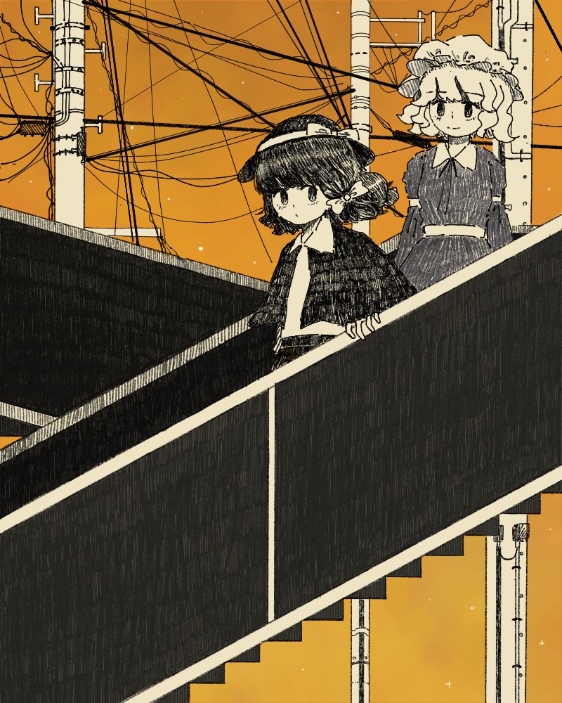 2girls, arm_strap, bangs, blunt_bangs, bow, capelet, collared_dress, collared_shirt
