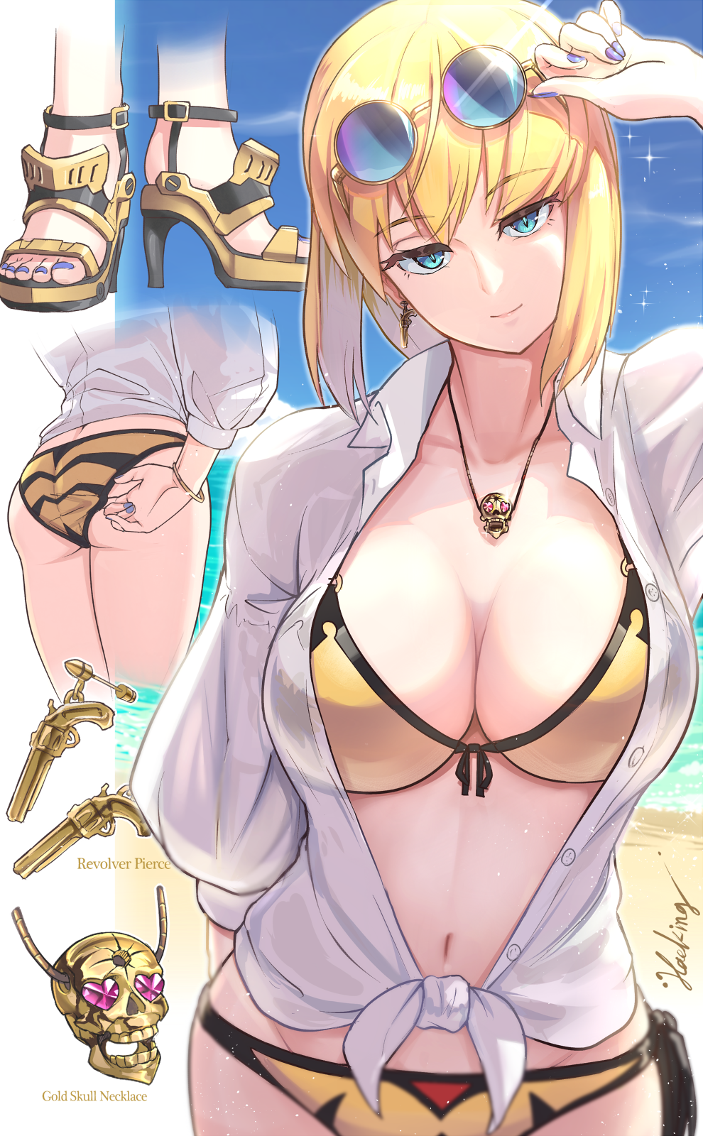 1girl, adjusting_clothes, adjusting_swimsuit, ass, beach, bikini, blonde_hair, blue_eyes