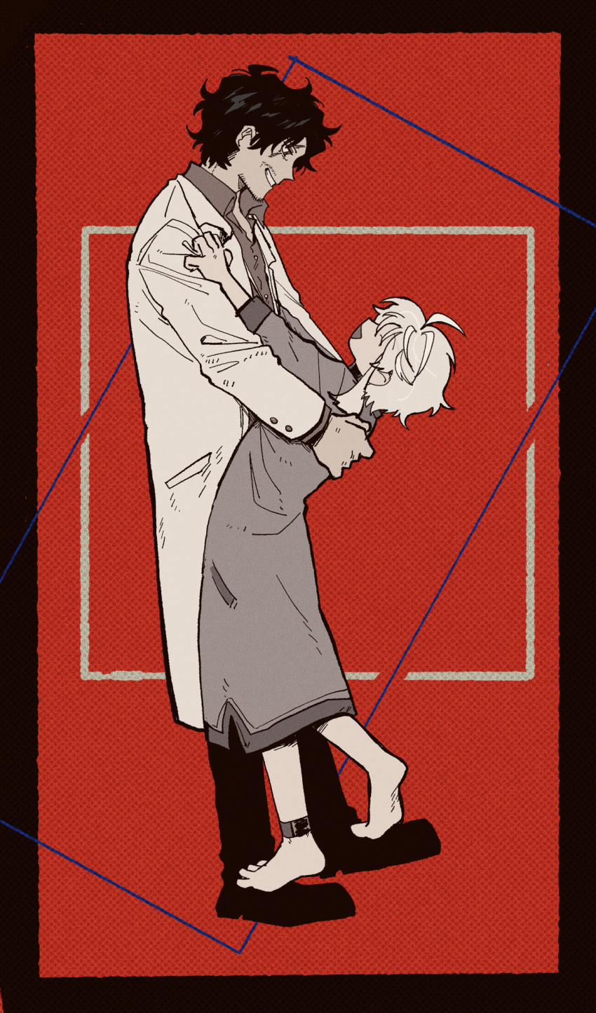 2boys, amayado_rei, amemura_ramuda, barefoot, black_hair, black_pants, dancing, facial_hair