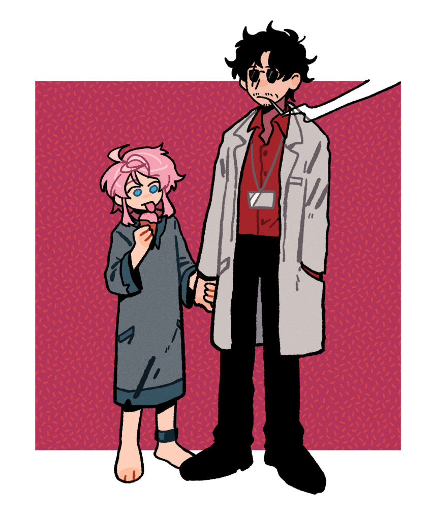 2boys, amayado_rei, amemura_ramuda, bangs, barefoot, black_hair, black_pants, blue_eyes, cigarette, eyebrows_visible_through_hair, facial_hair, full_body, hand_in_pocket, highres, holding_hands, hospital_gown, hypnosis_mic, labcoat, male_focus, multiple_boys, ox79xo, pants, pink_hair, red_shirt, scar, scar_across_eye, shirt, smoking, sunglasses, tongue, tongue_out