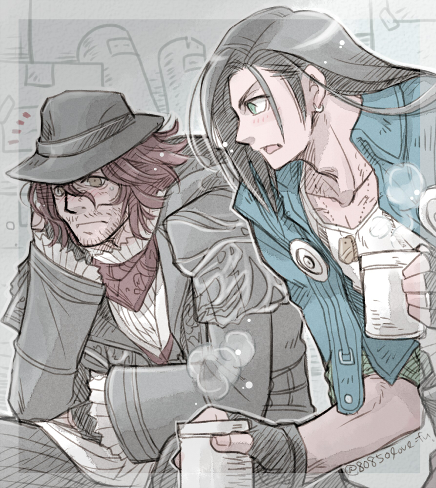 2boys, 80850love_fu, ardyn_izunia, asymmetrical_hair, black_hair, black_jacket, black_pants, blue_eyes