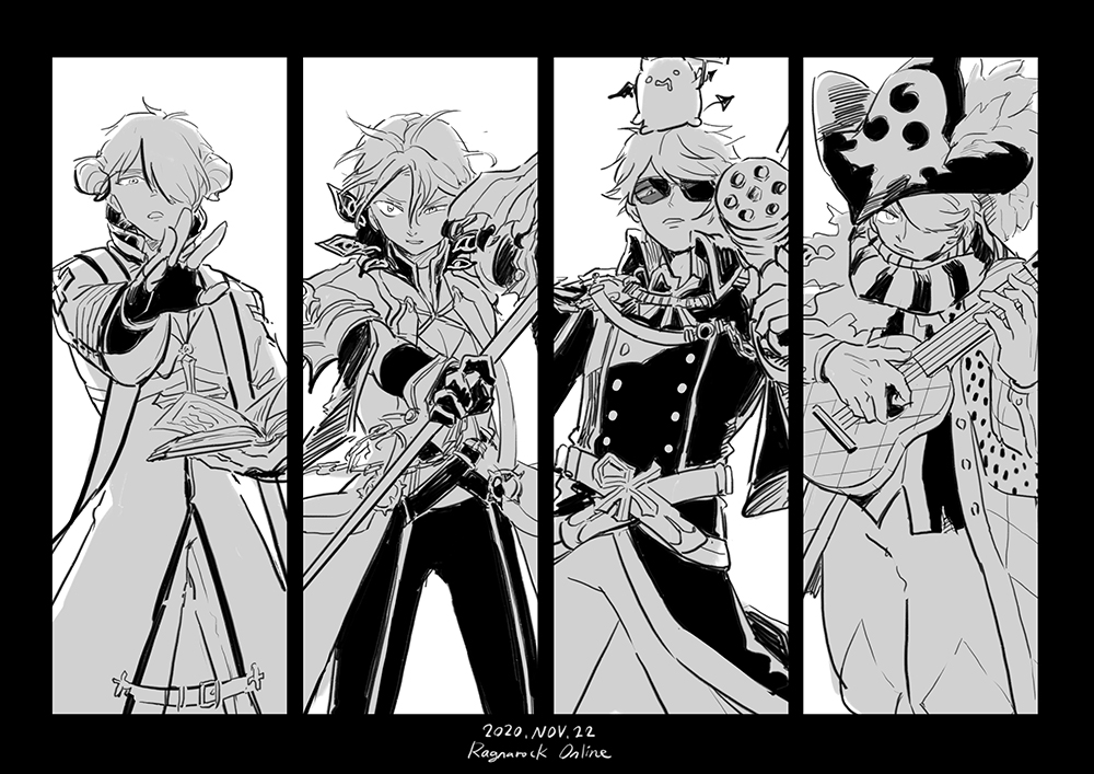 4boys, arch_bishop_(ragnarok_online), bangs, buttons, closed_mouth, coat, column_lineup, commentary_request, cross, deviruchi, double-breasted, feet_out_of_frame, fingerless_gloves, gloves, greyscale, hair_between_eyes, hair_over_one_eye, hat, holding, holding_instrument, holding_staff, horns, instrument, looking_at_viewer, minstrel_(ragnarok_online), monochrome, multiple_boys, music, open_mouth, pants, playing_instrument, polka_dot, polka_dot_scarf, ragnarok_online, rebellion_(ragnarok_online), scarf, serious, short_hair, staff, striped, striped_scarf, sunglasses, vest, warlock_(ragnarok_online), zhi_xie
