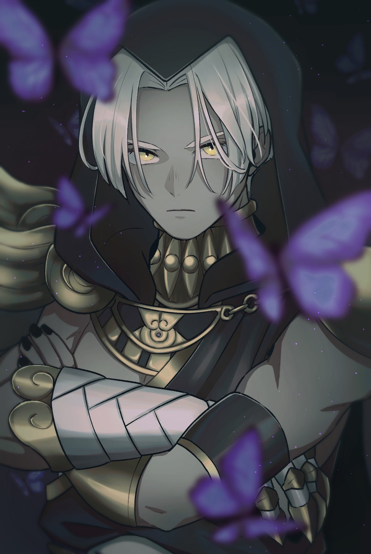 1boy, black_nails, blurry, bug, butterfly, crossed_arms, dark-skinned_male, dark_skin