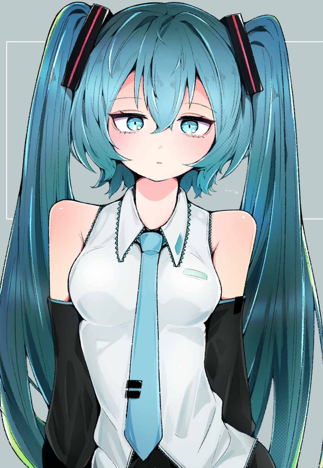1girl, aqua_eyes, aqua_necktie, arm_at_side, arm_behind_back, black_sleeves, breasts, closed_mouth