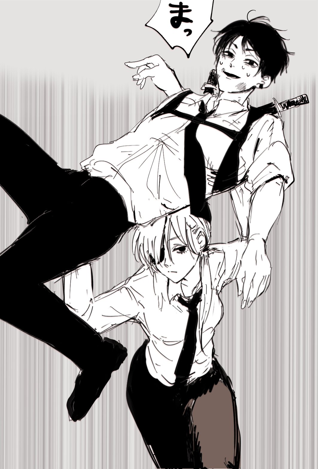 1boy, 1girl, bangs, black_eyes, black_hair, black_necktie, black_pants, breasts