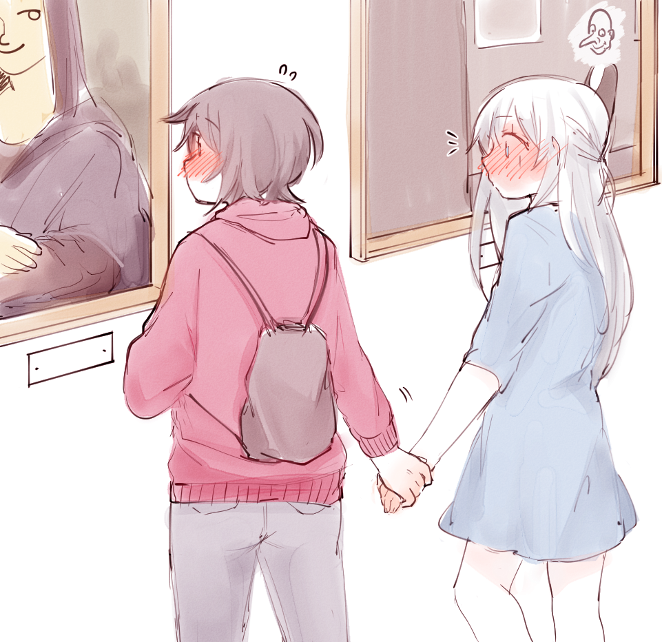 2girls, blue_eyes, blush, brown_hair, chadolbaegi, commentary_request, eyebrows_visible_through_hair, fine_art_parody