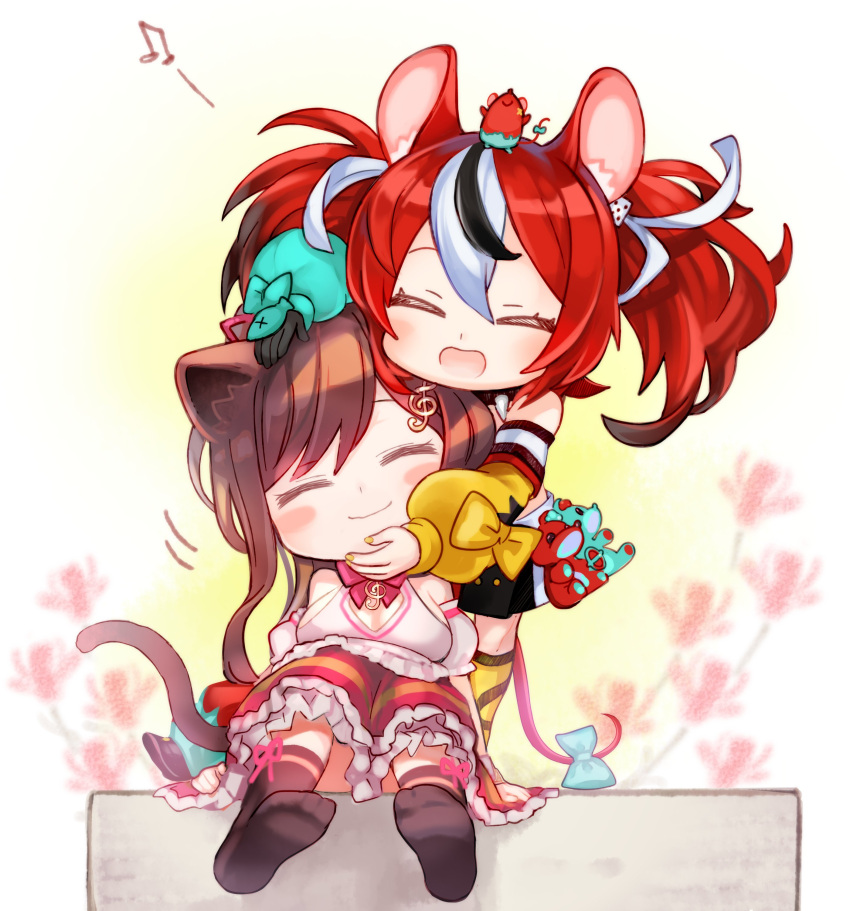 2girls, ^_^, absurdres, animal_ears, animal_on_head, bangs, black_legwear, black_skirt