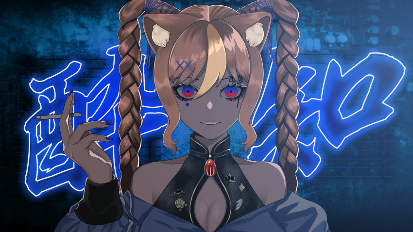 1girl, animal_ear_fluff, animal_ears, bangs, black_nails, blue_shirt, braid, brown_hair