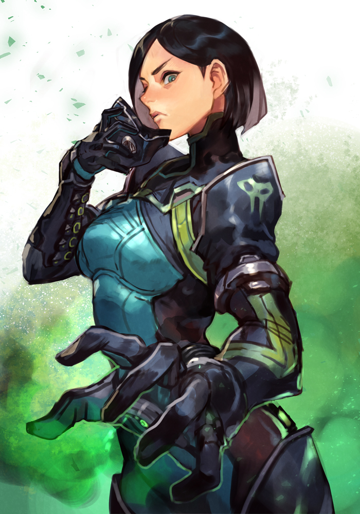 1girl, aqua_bodysuit, black_gloves, black_hair, bodysuit, breasts, from_side, frown, gas, gloves, green_eyes, hair_behind_ear, hankuri, holding, holding_mask, mask, mask_removed, medium_breasts, open_hand, short_hair, solo, valorant, viper_(valorant)