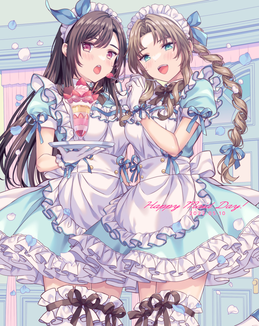 2girls, absurdres, aerith_gainsborough, alternate_costume, apron, asymmetrical_bangs, bangs, blue_dress