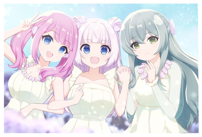 3girls, :d, aqua_hair, arm_up, assault_lily, bangs, blue_eyes, blue_sky