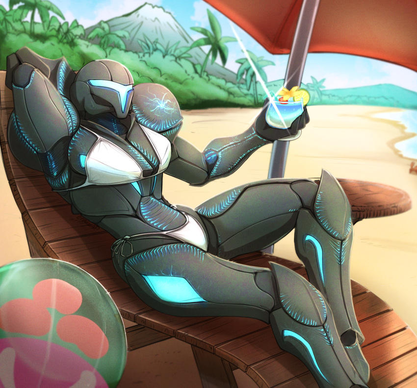 1girl, beach, beach_chair, beach_umbrella, bikini, bikini_over_clothes, dark_samus, highres
