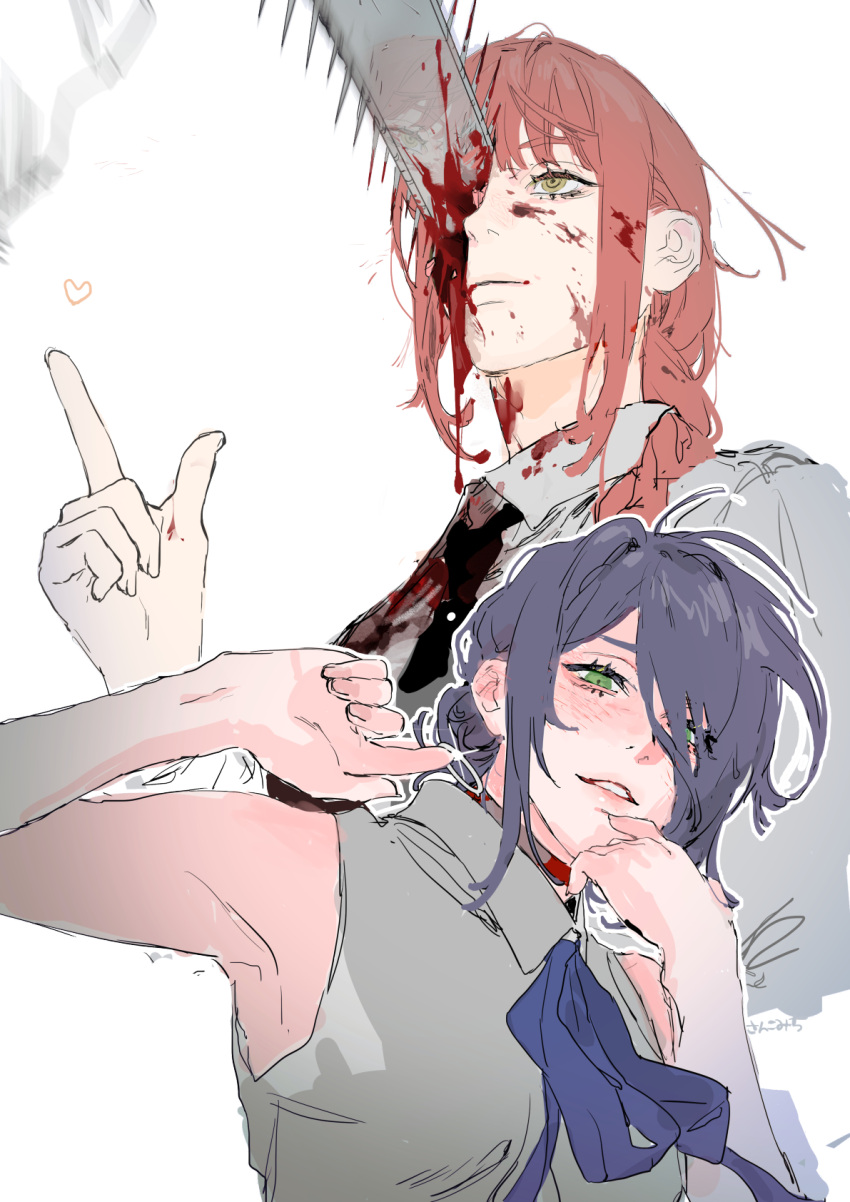 2girls, armpits, bangs, black_necktie, blood, blood_on_clothes, blood_on_face, blood_on_weapon