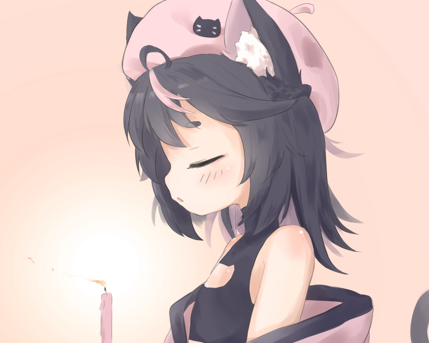 1girl, ahoge, animal_ear_fluff, animal_ears, baigao, bare_shoulders, black_hair, blowing_candle