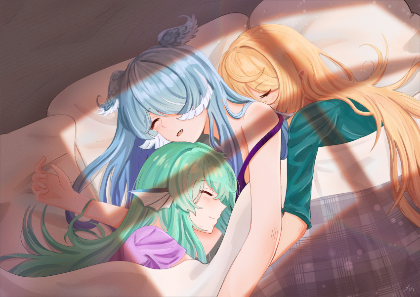 3girls, absurdres, alternate_costume, bare_shoulders, blanket, blonde_hair, blue_hair, blush