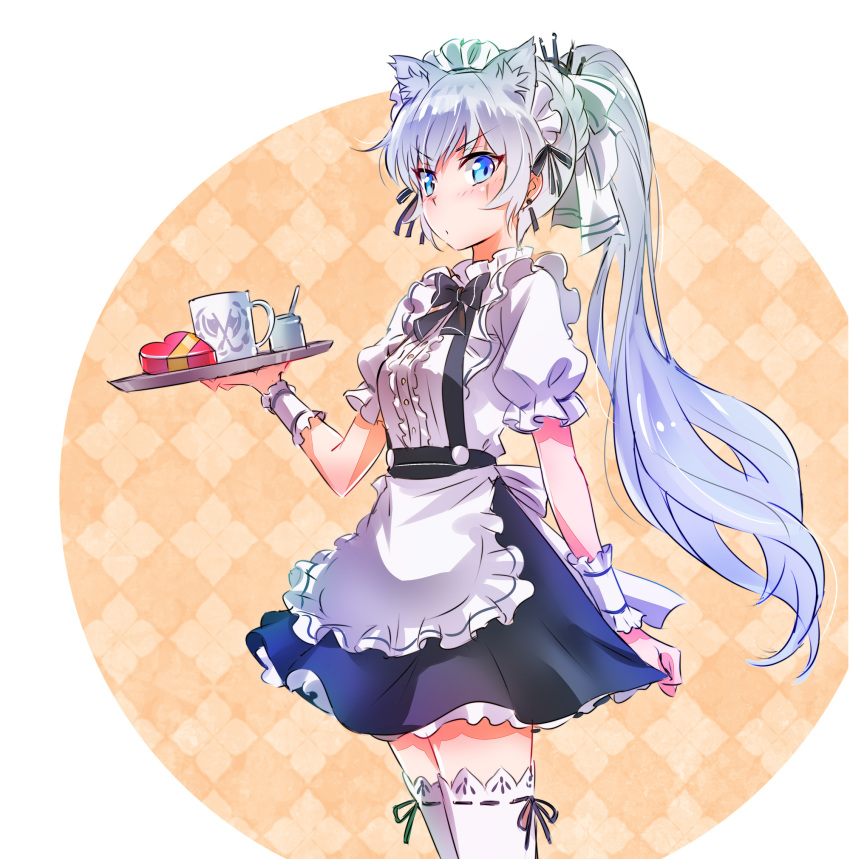 1girl, alternate_costume, animal_ears, apron, black_bow, black_ribbon, blue_eyes, blush