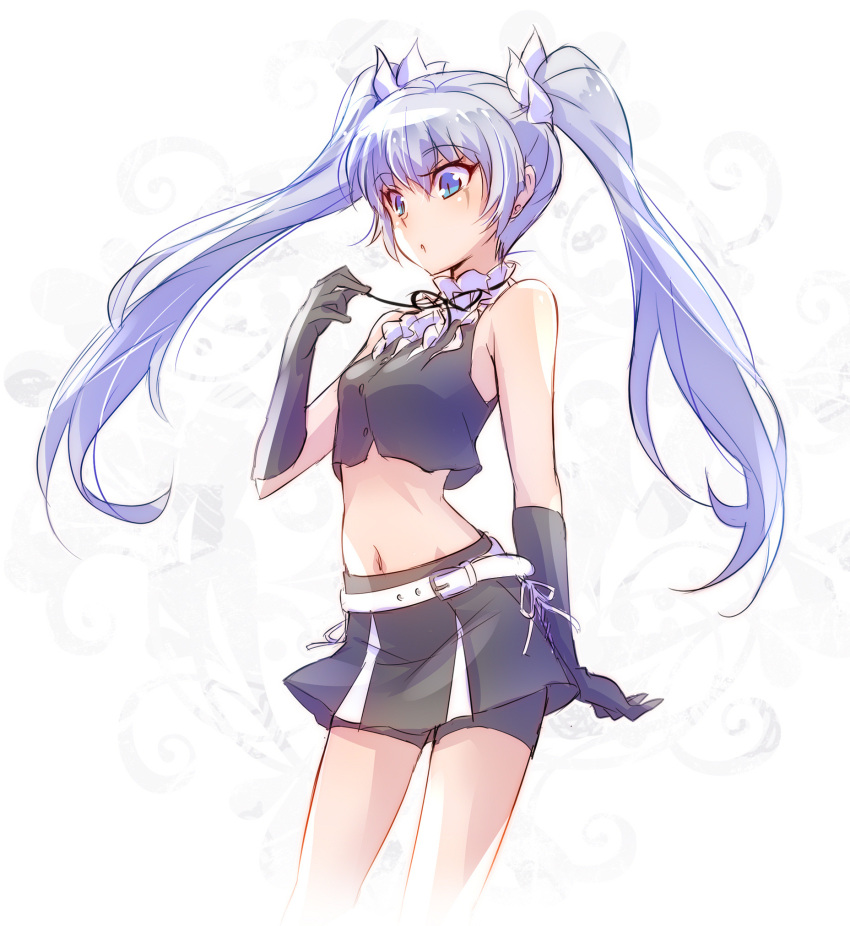 1girl, :o, belt, bike_shorts, black_gloves, black_skirt, blue_eyes, collar