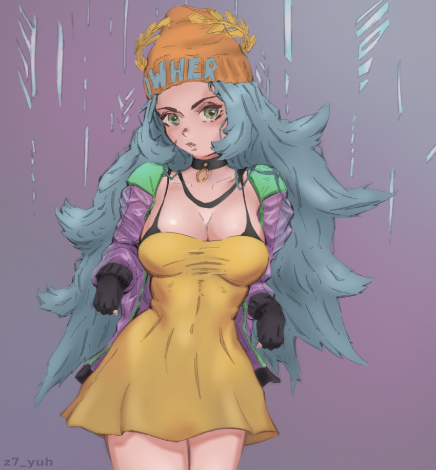 1girl, beanie, black_gloves, blue_hair, breasts, collar, covered_navel, dislyte, dress, gloves, green_eyes, hat, highres, jacket, long_hair, mona_(dislyte), orange_headwear, purple_background, pursed_lips, see-through, see-through_jacket, simple_background, solo, yellow_dress, z7_yuh