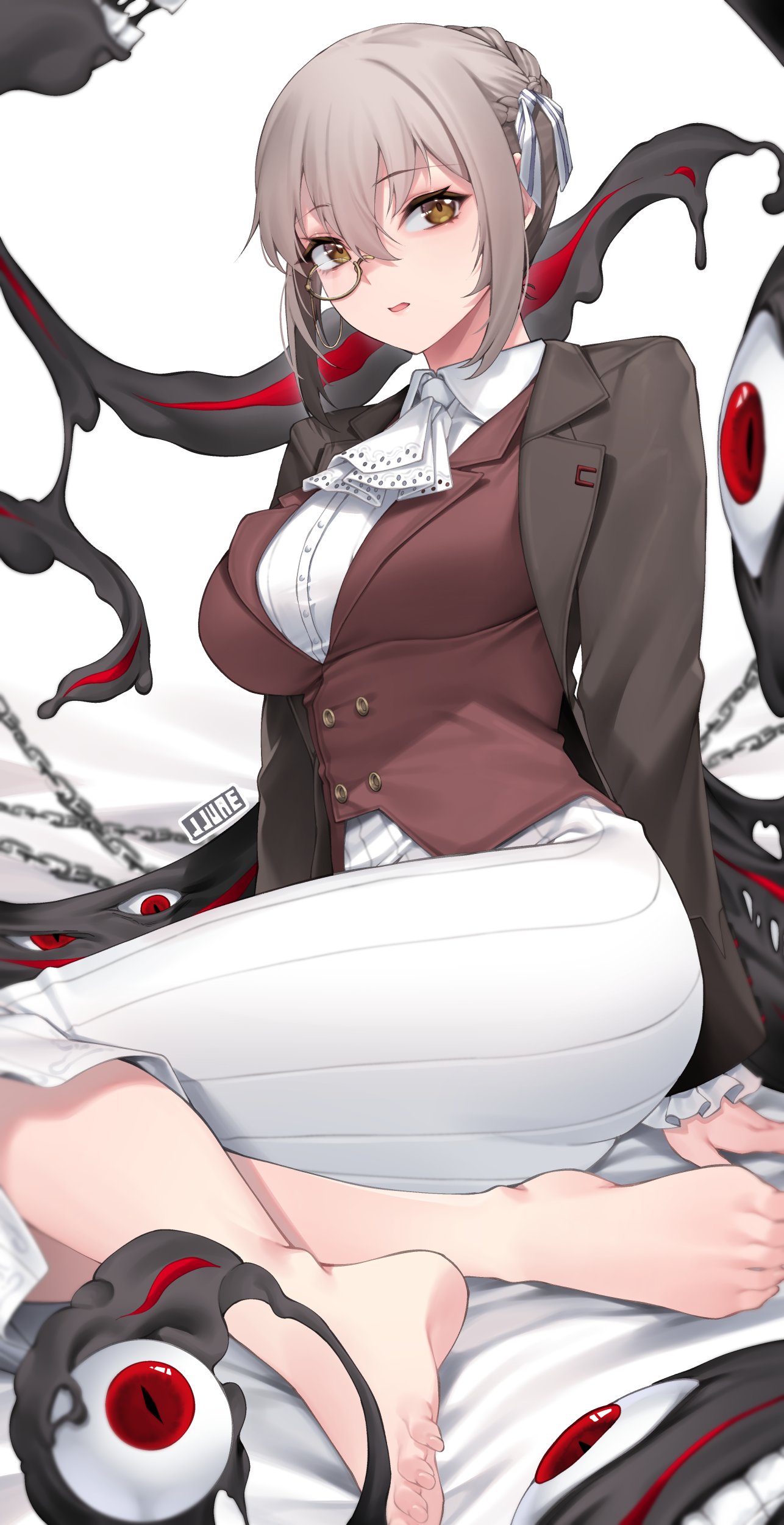 1girl, absurdres, arm_support, artist_name, ascot, bangs, barefoot, bed_sheet, braid, braided_bun, breasts, brown_eyes, brown_jacket, buttons, chain, coat, collared_shirt, commentary, counter:side, double-breasted, edel_meitner, eldritch_abomination, eyebrows_visible_through_hair, feet, full_body, grey_hair, hair_between_eyes, hair_ribbon, highres, jacket, jjune, long_sleeves, long_toenails, looking_at_viewer, medium_breasts, medium_skirt, monocle, parted_lips, ribbon, shirt, sitting, skirt, solo, toenails, toes, white_ascot, white_background, white_shirt, white_skirt, yokozuwari