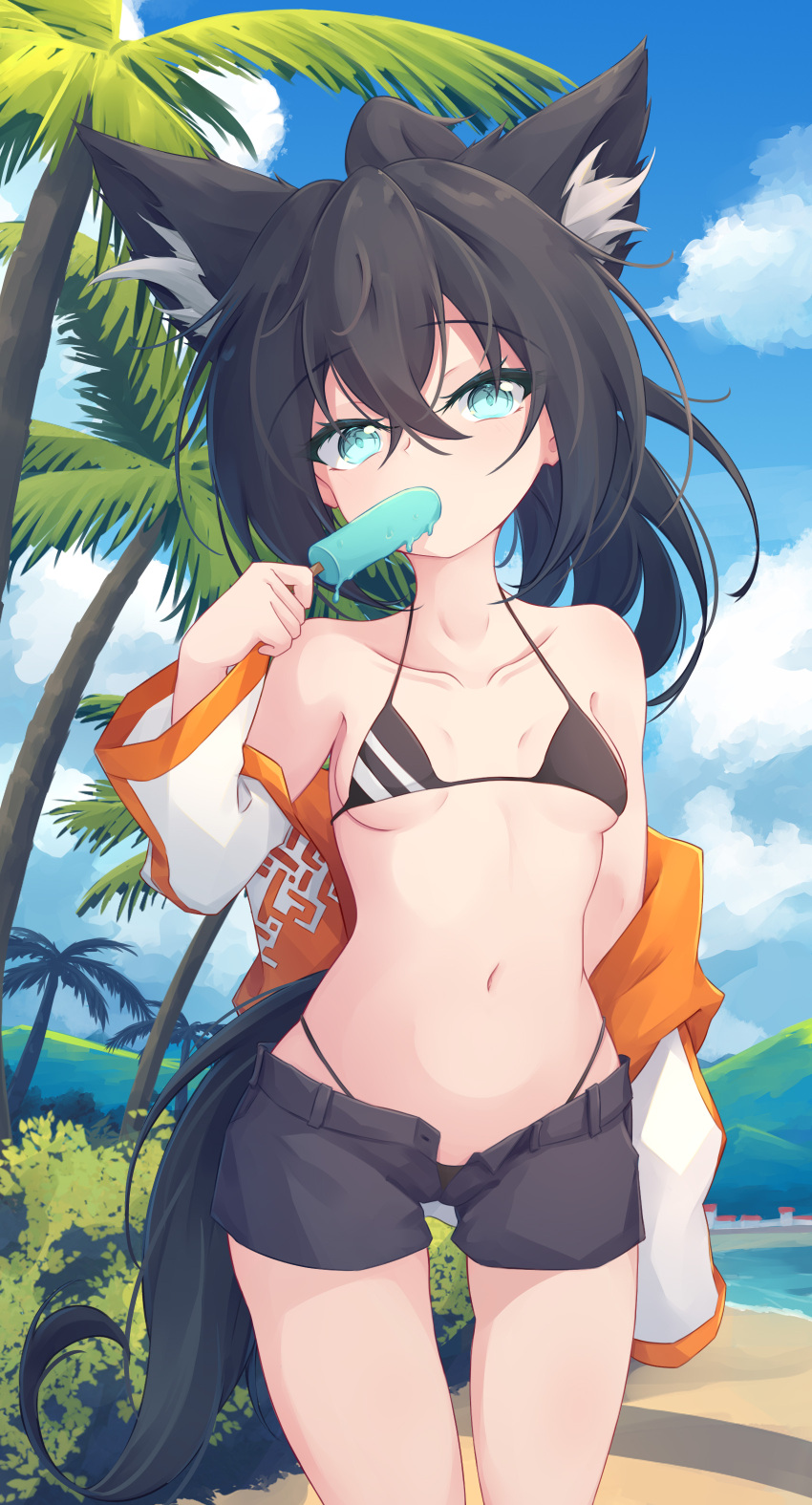 1girl, absurdres, animal_ear_fluff, animal_ears, aqua_eyes, bangs, beach, bikini, black_bikini, black_hair, black_shorts, blue_sky, breasts, clouds, cloudy_sky, collarbone, cowboy_shot, day, dripping, eating, extra_ears, eyebrows_visible_through_hair, food, hair_between_eyes, hand_up, high_ponytail, highres, licking, long_hair, long_sleeves, looking_at_viewer, melting, navel, ocean, off_shoulder, open_clothes, open_shirt, open_shorts, orange_shirt, original, outdoors, palm_tree, popsicle, scenery, shirt, short_shorts, shorts, sky, small_breasts, solo, standing, swimsuit, tail, tree, trimbil, two-tone_shirt, water, white_shirt